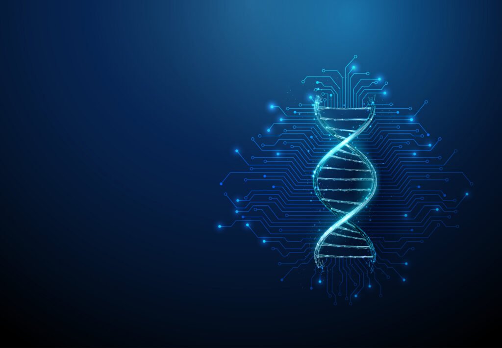 futuristic dna strand with electronic circuit lines background genetic engineering, ai powered healthcare concept