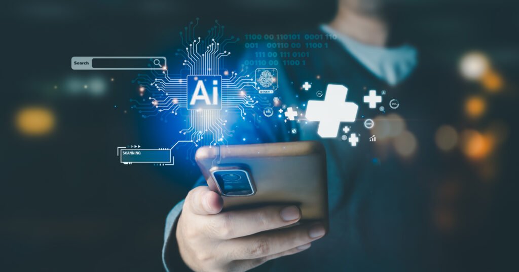 person holding smartphone with glowing ai interface, featuring fingerprint security, ai chip, search bar, scan, and cross icon. concept of enhanced digital security with ai support.