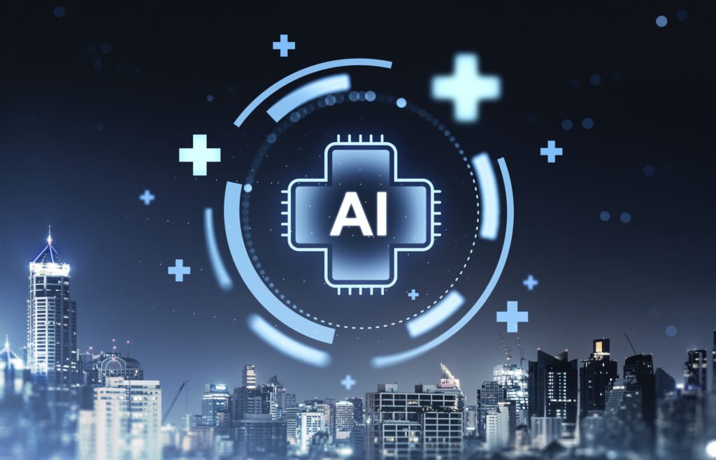 healthcare ai medical symbol glowing above a modern city skyline in a futuristic digital interface concept representing innovation in urban health systems.