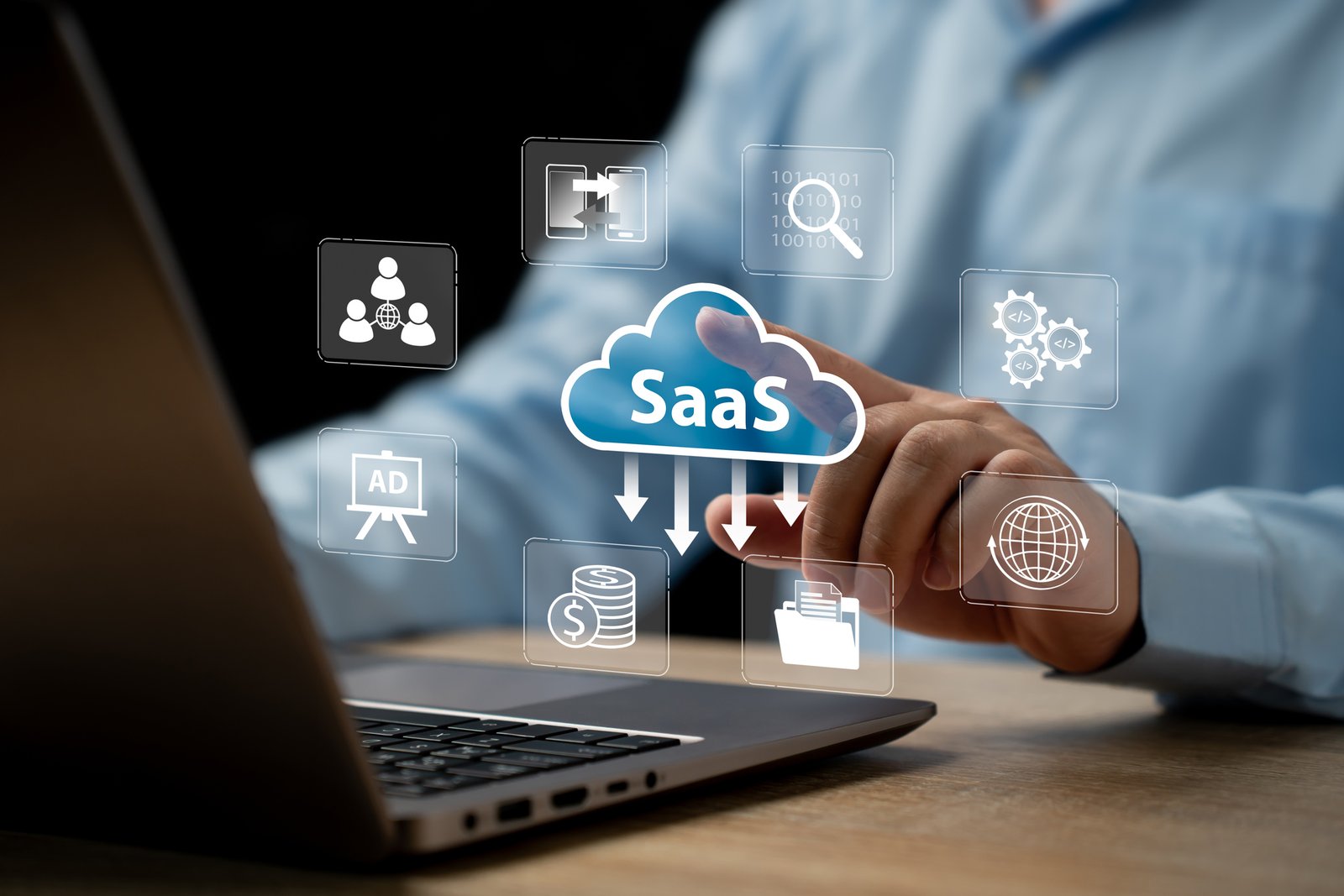 saas, software as a service, internet data storage business concept, businessman use laptop and technology software store data securely, emphasizing modern technology platforms and cloud computing